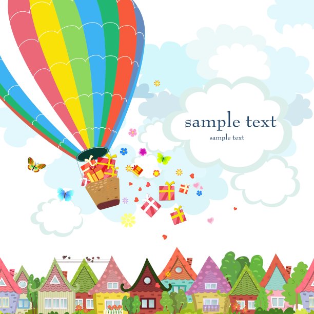 带着礼物的热气球在城市上空盘旋图片下载