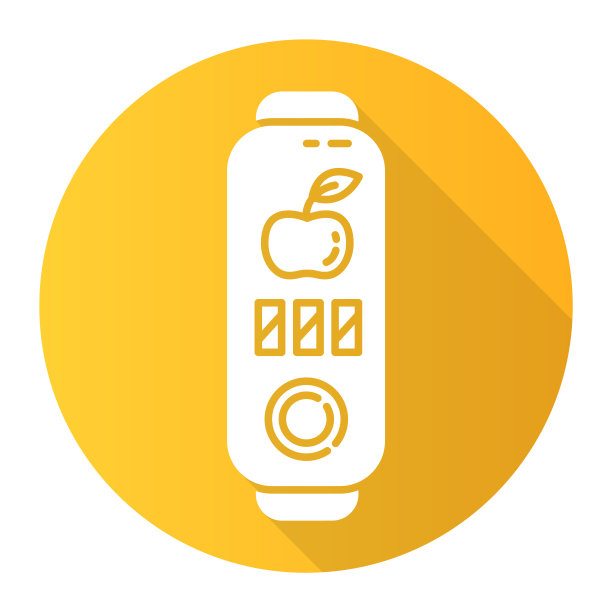 健身追踪器与卡路里计数器黄色平面设计长阴影字形图标。健康设备与健康营养监测。带餐控的无线小装置。向量轮廓图图片下载