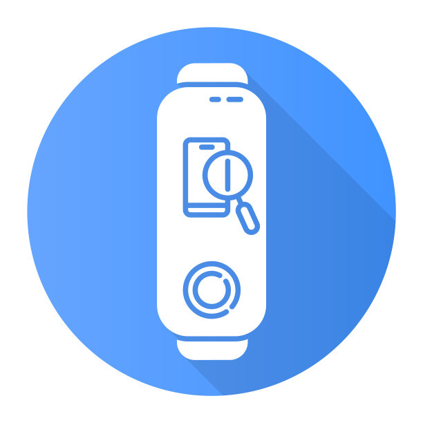 健身追踪器与智能手机finder蓝色平面设计长的阴影字形图标。丢失了手机定位识别的健康小装置。带有放大镜标志的手机。向量轮廓图图片下载