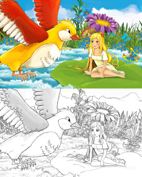 卡通场景与素描与美丽的女孩，精灵公主和动物鸟插图图片下载