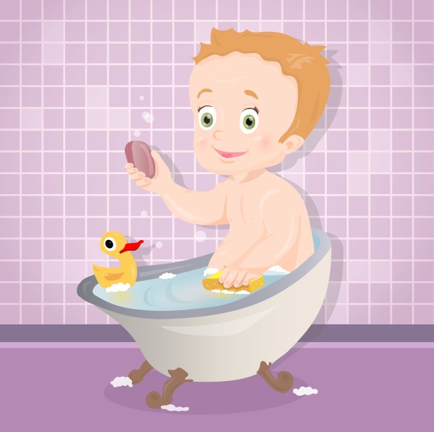 可爱的小男孩在洗澡时边说边笑图片下载