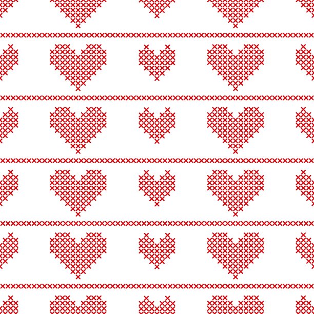 无缝图案与刺绣的心在白色图片下载