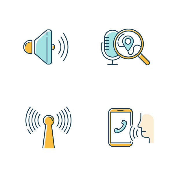 蓝色语音控制应用程序的颜色图标设置。移动语音指令想法。录音机，智能设备，搜索请求。创新的无线技术。语音识别。孤立的矢量插图图片下载