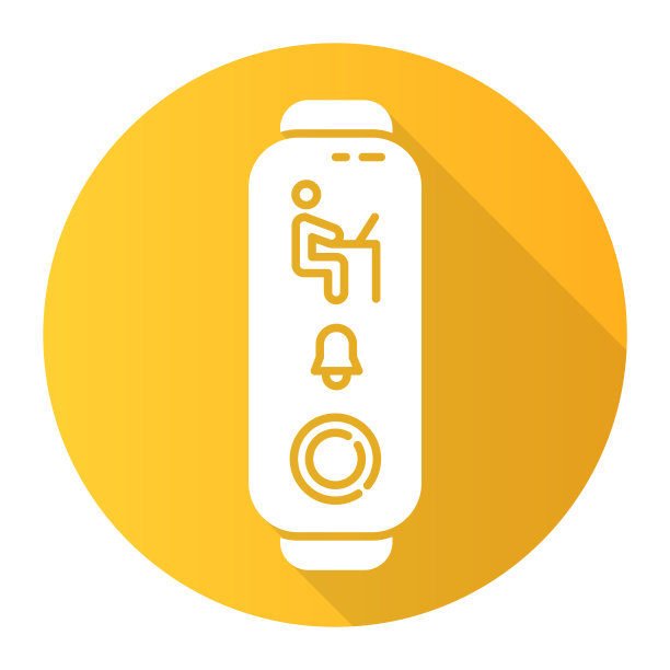 健身追踪器与工作人员黄色平设计长阴影字形图标。健康设备监测工作时间通知。带有员工提醒的设备。向量轮廓图图片下载