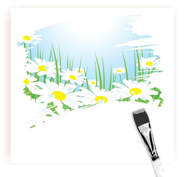 毛笔画洋甘菊草甸图片下载