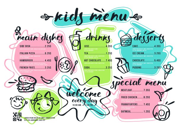 儿童菜单模板与字母和徽章图片下载
