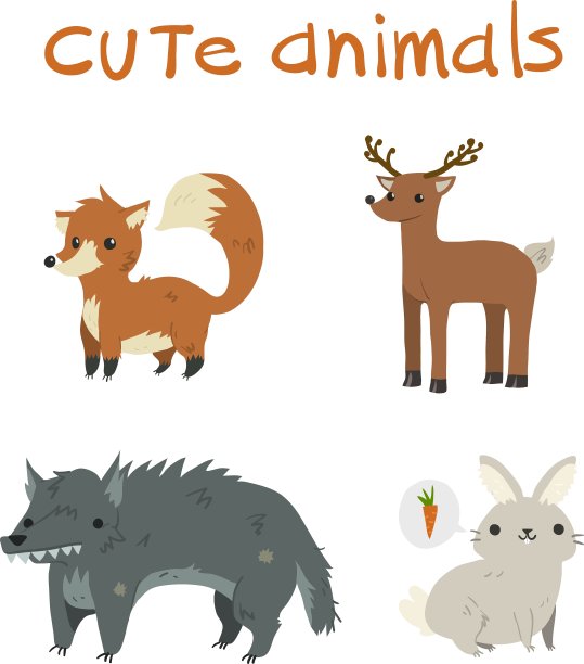 卡通一套狐狸鹿狼兔扁图标图片下载