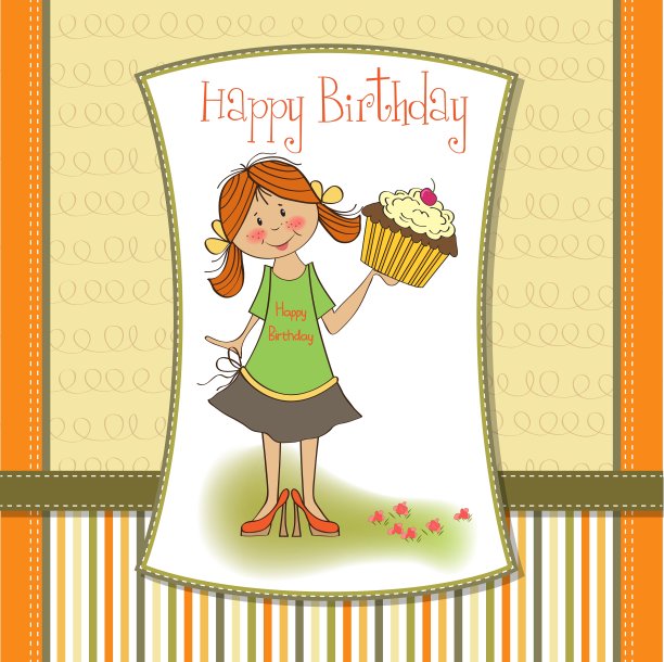 有女孩和大蛋糕的生日贺卡图片下载
