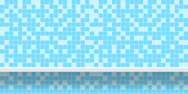 瓷砖马赛克浅蓝色图案与搁板为背景，现代方形马赛克网格图案装饰建筑墙，马赛克瓷砖墙和木板搁板，马赛克瓷砖网格卫生间墙图片下载