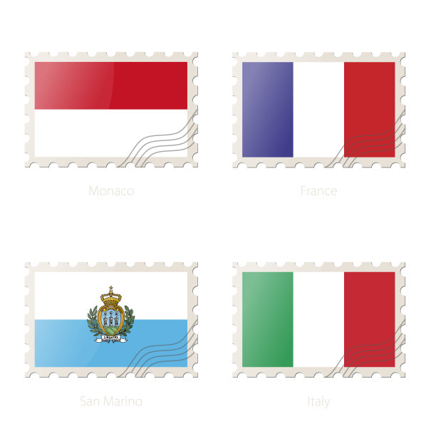 邮票上印有摩纳哥、法国、圣马力诺、意大利国旗的图案。图片下载