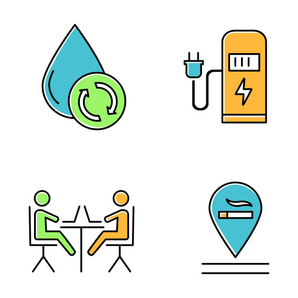 公寓设施颜色图标集。水过滤，汽车充电站，共同工作空间，允许吸烟。舒适的房子。住宅服务。孤立的矢量插图图片下载