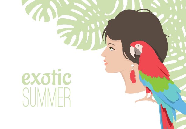 女孩和鹦鹉在热带树下图片下载