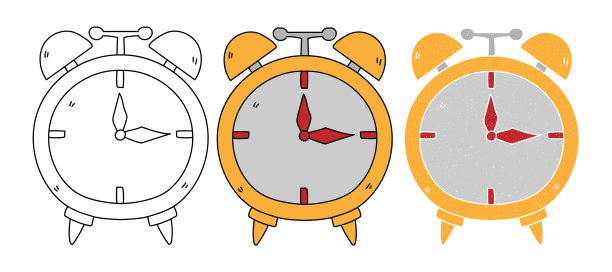 闹钟矢量手绘设计。黑白颜色图片下载