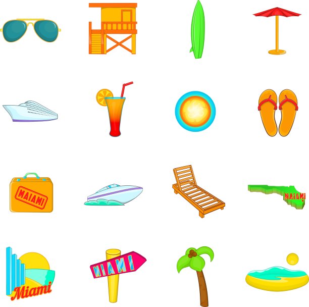 迈阿密图标设置卡通风格图片下载