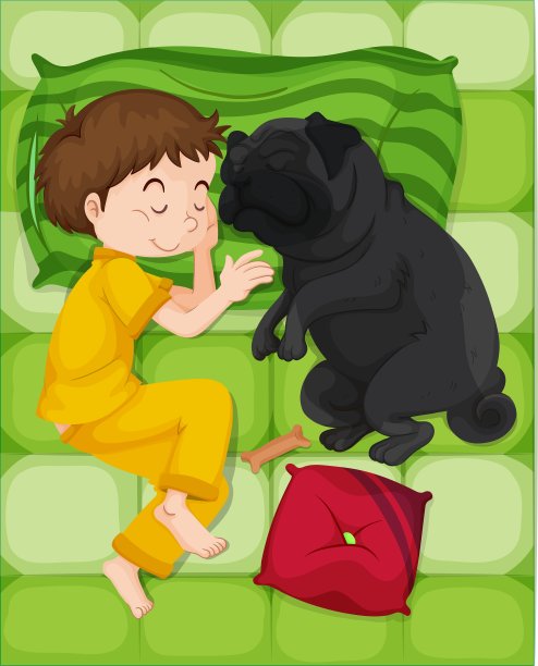 穿着黄色睡衣的男孩和狗睡在一起图片下载