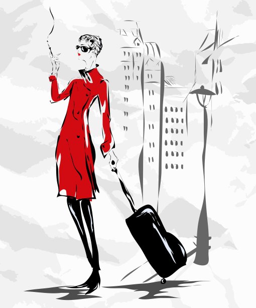 穿红色外套的女孩沿着街道走图片下载