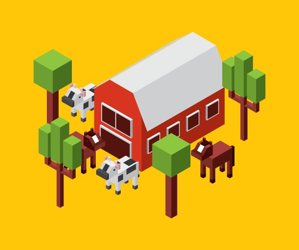 农场奶牛树马图标等距设计图片下载