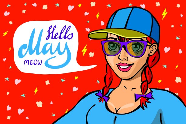 红发女孩拿着公告牌，写着“你好”图片下载