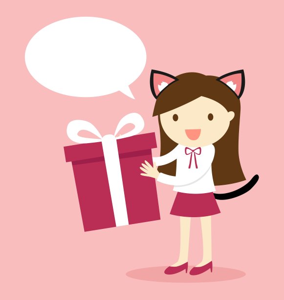 一个女孩戴着猫耳朵和尾巴拿着礼盒图片下载