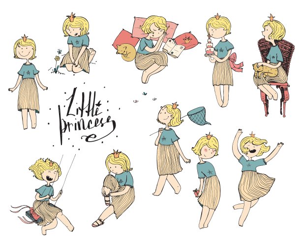 一套彩色涂鸦女孩与头顶的皇冠图片下载