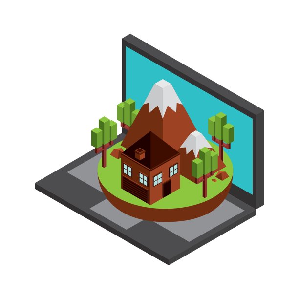 笔记本电脑房子山树图标等距设计图片下载