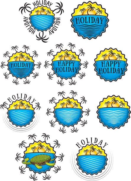 贴着阳光沙滩和棕榈树的节日贴纸图片下载