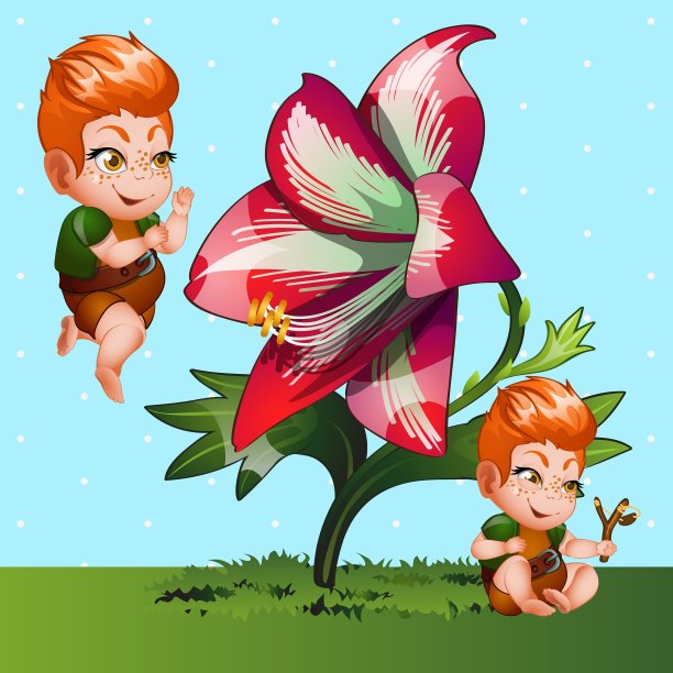 红发卡通男孩和红花特写图片下载