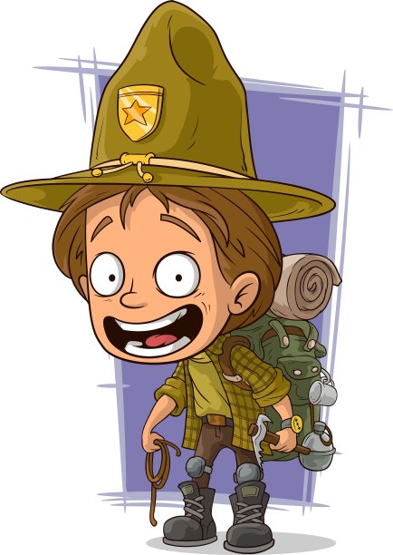 卡通微笑的小童子军在大帽子图片下载