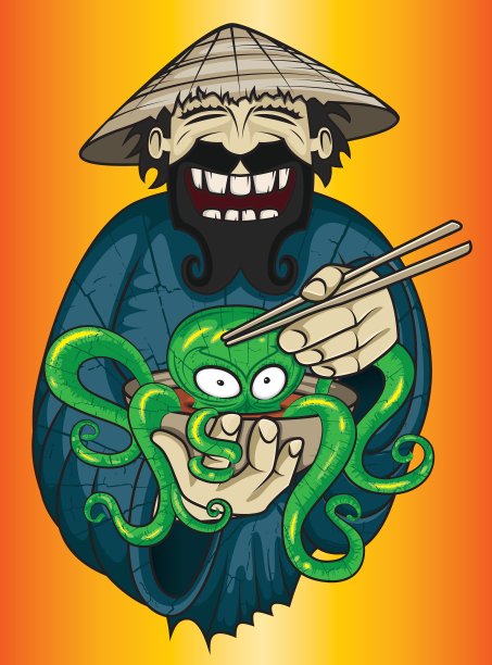 笑容可掬的亚洲厨师长端着异域章鱼汤图片下载