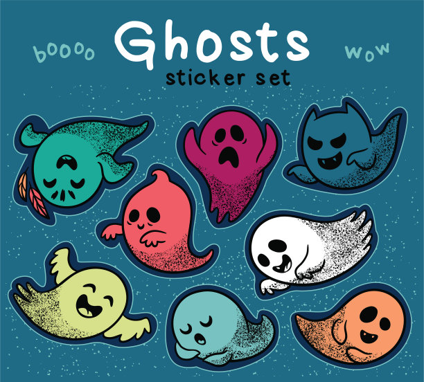 贴纸一套可爱的卡通鬼与不同图片下载