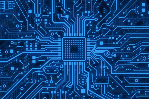 现代技术。蓝色电脑微电路为背景，俯视图。插图图片下载