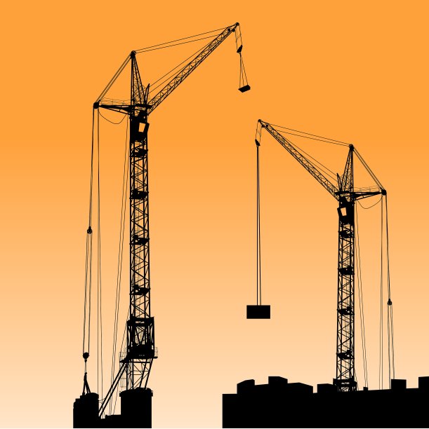 两个起重机在建筑上工作的剪影图片下载