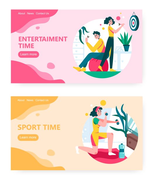 男人和女人玩飞镖游戏。女孩在家锻炼。居家冠状病毒检疫时间概念说明。矢量网站设计模板。登陆页网站插图。图片下载