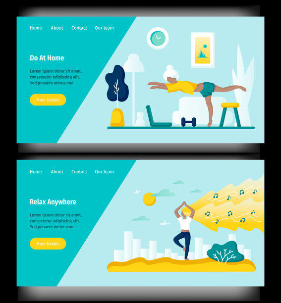 在家练习瑜伽的女人。沉思与自然和城市概念插图和谐。瑜伽在线课程，健康，平衡。矢量网站设计模板。着陆页的网站。图片下载