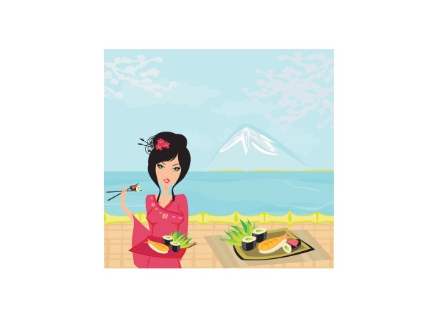 美丽的亚洲女孩享受寿司菜单模板图片下载