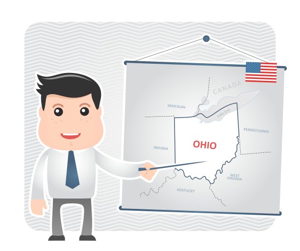 一个拿着指示器的人指着俄亥俄州的地图图片下载