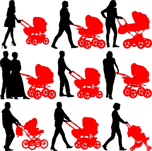 推着婴儿车的妈妈们的剪影图片下载