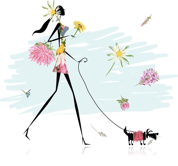 花女孩遛狗图片下载