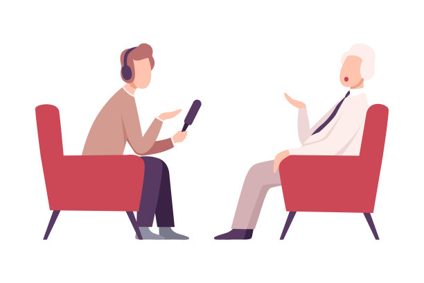 商人或政治家在新闻发布会上接受男性记者的采访，并配有麦克风，现场报道平面矢量图图片下载