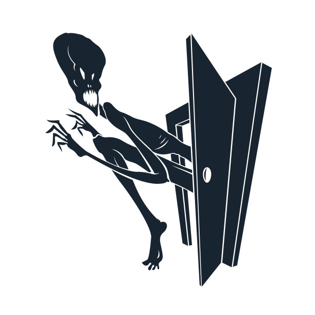 噩梦怪物进入黑暗的房间卧室矢量时尚插图，有趣的卡通鬼生物吓人看里面，恐怖的主题画。图片下载