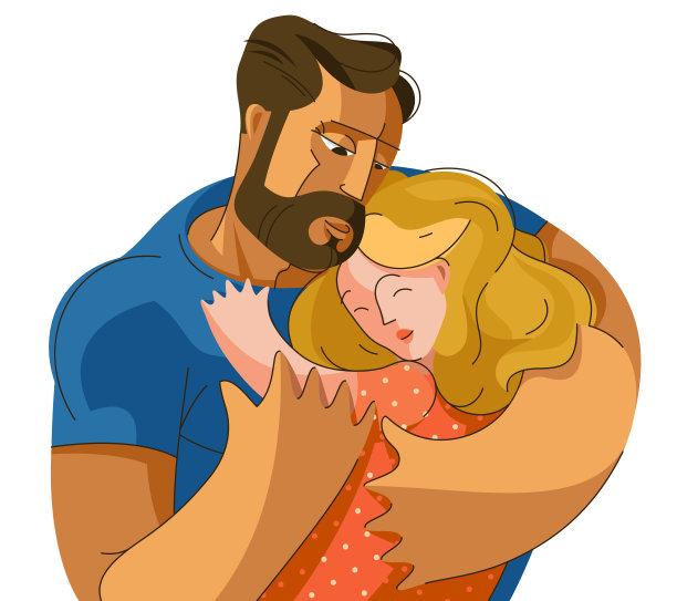 父亲抱着女儿与女儿的爱和关怀，父爱和父母的家庭生活主题载体美丽的插画。图片下载