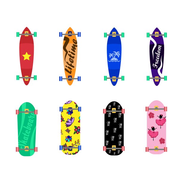 白色背景上的一组滑板图片下载