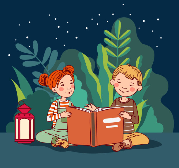 可爱的男孩和女孩在花园里看书。自然景观背景。暑假插图。休假时间图片下载