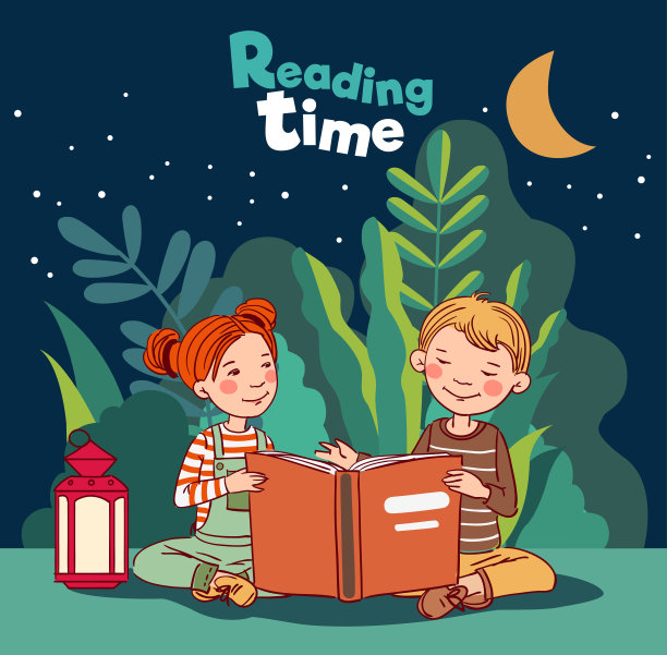 可爱的男孩和女孩在花园里看书。自然景观背景。暑假插图。休假时间图片下载