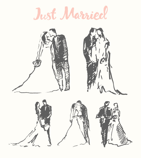 画了幸福的新娘新郎素描图片下载