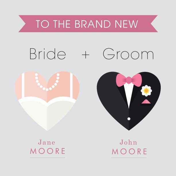 新娘和新郎的心主题婚礼卡片图片下载