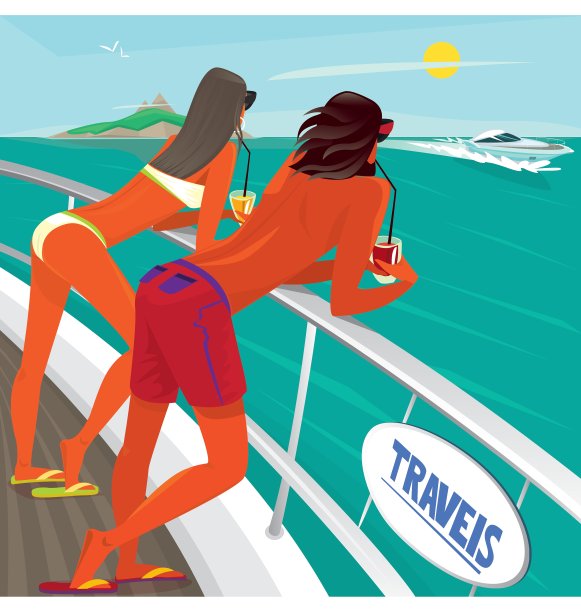 一对情侣在游艇甲板上喝鸡尾酒图片下载