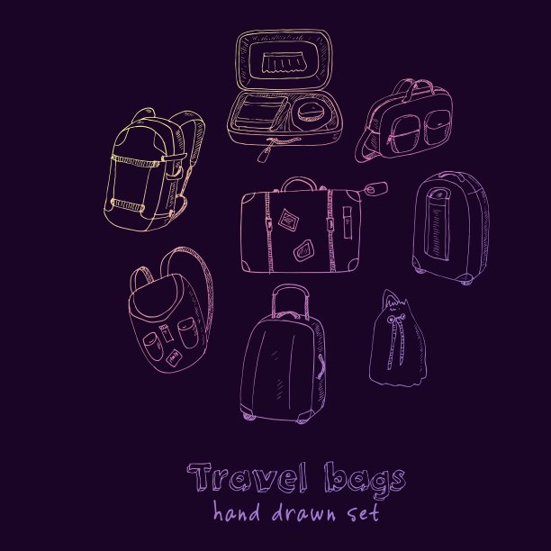 黑色的轮廓不同的旅行袋和图片下载