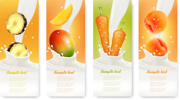 一组带有水果和牛奶的横幅图片下载