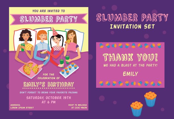 睡衣派对生日邀请感谢卡图片下载
